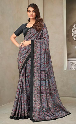 Sudarshana Printed Bollywood Silk Blend, Crepe Saree(Black)