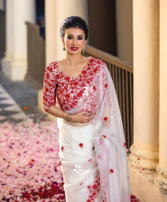 Tulsi Embroidered Assam Silk Net Saree(White, Red)