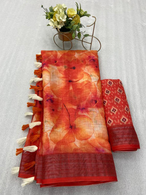 Manvi creation Digital Print Bollywood Cotton Linen Saree(Red)