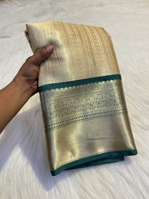 MJAfabric Woven, Striped, Temple Border Banarasi Cotton Silk Saree(Cream)