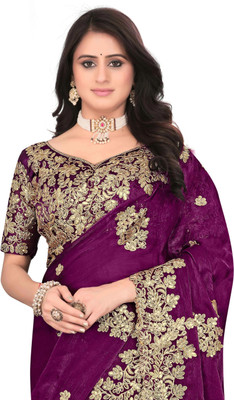 Mortile Designer Studio Embroidered Bollywood Georgette, Chiffon Saree(Maroon)