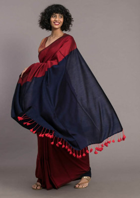 Kumaresh Creation Color Block Daily Wear Cotton Silk Saree(Dark Blue, Red)