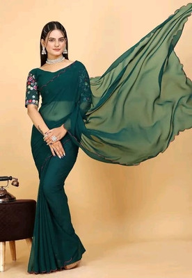 PIYA DESIGNER Solid/Plain Madhubani Georgette Saree(Dark Green)