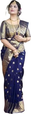 AMK FASHION Woven, Embellished, Solid/Plain, Printed, Floral Print, Digital Print, Dyed Banarasi Art Silk, Cotton Silk Saree(Dark Blue)