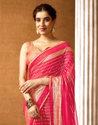 Divastri Striped Bollywood Chiffon, Georgette Saree(Pink)