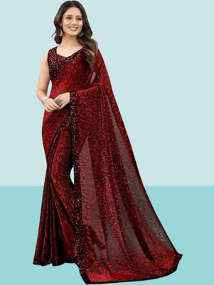 Online Bazaaar Floral Print Bollywood Lycra Blend Saree(Maroon)