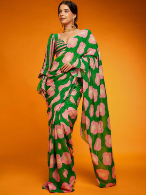 Sangria Floral Print Daily Wear Satin Saree(Green)