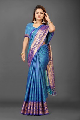 Druxy Woven, Embellished Mysore Cotton Silk, Jacquard Saree(Light Blue, Dark Blue, Gold)