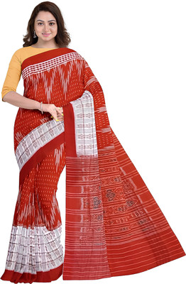 handloom paridhaan Temple Border, Self Design, Hand Painted Sambalpuri Handloom Pure Cotton Saree(Red)
