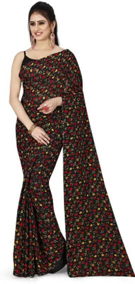 MEETVIN COUTURE Printed, Self Design, Woven, Floral Print Bollywood Georgette, Chiffon Saree(Black)