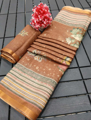 Saaransh Floral Print Kanjivaram Linen, Cotton Silk Saree(Brown)