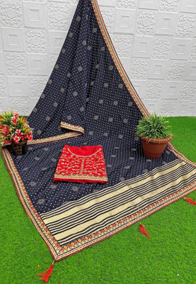 Bhagwati Creation Self Design, Printed Bollywood Cotton Linen Saree(Dark Blue)