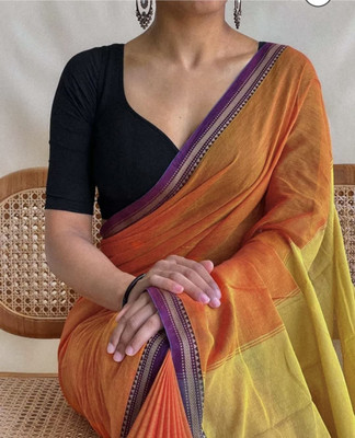 FASHIONIUM Woven, Solid/Plain Handloom Pure Cotton Saree(Red, Yellow)