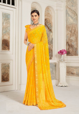 Sudarshana Printed Bandhani Chiffon Saree(Yellow)