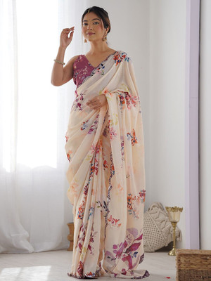 Divastri Floral Print Bollywood Georgette Saree(Beige)