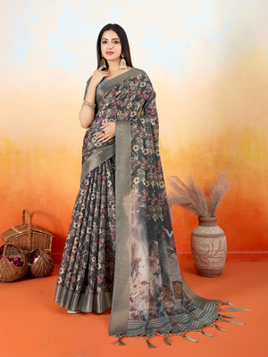 RekhaManiyar Printed Saree with Attached Blouse Silk Blend Saree(Grey)