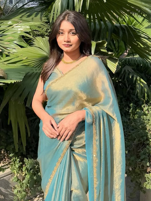 valida Solid/Plain Bollywood Tissue, Pure Silk Saree(Light Blue)