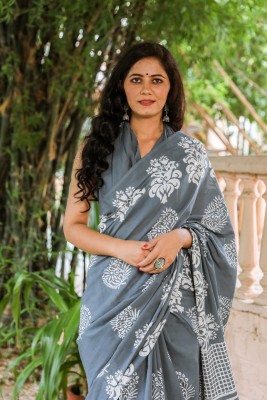 NIKHILAM Printed Daily Wear Pure Cotton Saree(Grey, White)