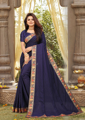 RAJESHWAR FASHION Printed Bollywood Cotton Silk Saree(Dark Blue)