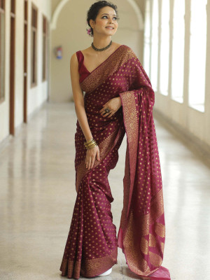 SHREE KSHETRAPAL CREATION Self Design Banarasi Pure Silk Saree(Maroon)