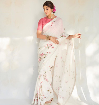 revenclaw Digital Print Banarasi Cotton Linen Saree(White)
