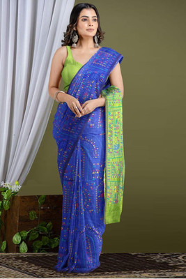 BiswasTextiles Self Design Handloom Cotton Blend Saree(Blue)