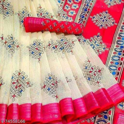 Grubstaker Printed Daily Wear Cotton Linen Saree(Multicolor)