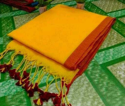 RONI TEXTILES Solid/Plain Handloom Cotton Blend Saree(Yellow)