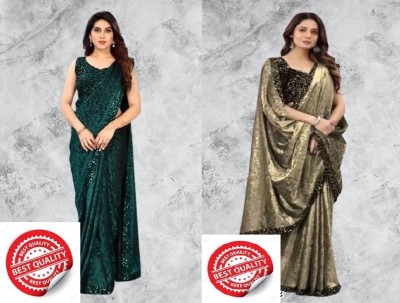 Amavii Embellished Bollywood Lycra Blend Saree(Pack of 2, Green, Gold)