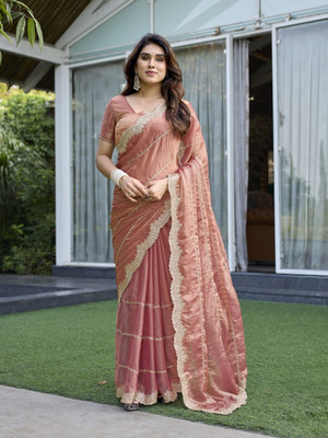 AMBUJAINTERNATIONAL Embroidered Bollywood Jimmy choo Saree(Orange)