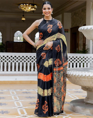 Shubharam Floral Print, Printed Bollywood Linen, Cotton Blend Saree(Black)