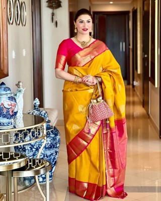 Anjaneya Sarees Woven Banarasi Silk Blend Saree(Yellow)