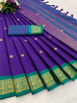 KanjiQueen Woven Kanjivaram Pure Silk, Cotton Blend Saree(Purple, Light Blue)