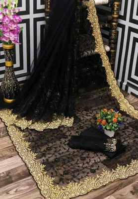 FINERFLY Embroidered Bollywood Net Saree(Black)