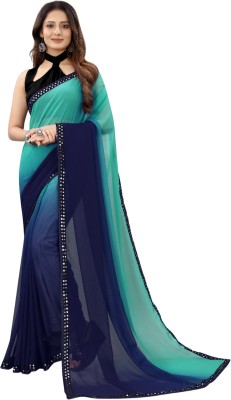 For And Ever Embroidered, Embellished, Digital Print, Dyed, Ombre, Solid/Plain Bollywood Georgette Saree(Light Blue, Dark Green)