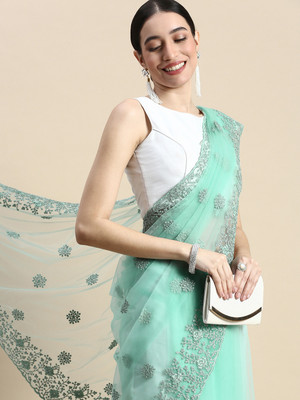 KASEE Embroidered Bollywood Net Saree(Light Blue)