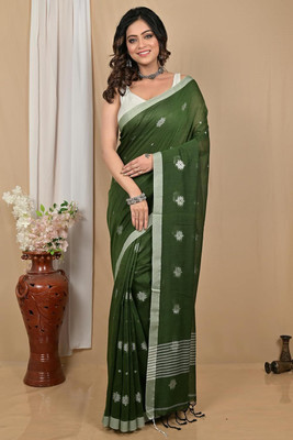 SSK Woven, Self Design, Striped Handloom Cotton Blend Saree(Red)