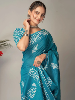 MADHAV Blocked Printed Chanderi Cotton Blend Saree(Light Blue)