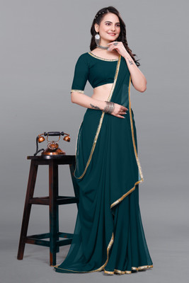 Labheshwari Solid/Plain Bollywood Georgette Saree(Light Blue)