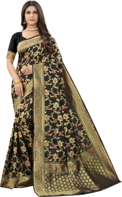 AVDOM Woven Kanjivaram Silk Blend Saree(Black, Multicolor)