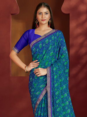 Anouk Rustic Printed Bollywood Chiffon Saree(Light Blue)