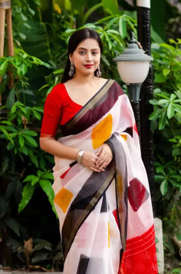 Ridham Printed, Geometric Print Jamdani Cotton Blend Saree(Cream, Black)