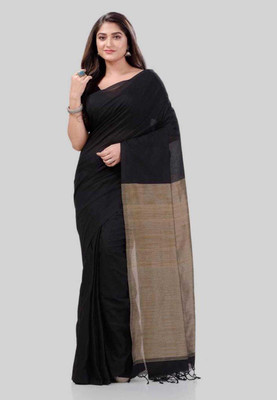 Avrita Solid/Plain Handloom Cotton Blend Saree(Black, Beige)