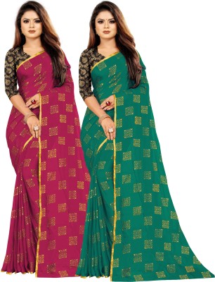 V And V Shop Printed Bollywood Chiffon Saree(Pack of 2, Pink, Dark Green)