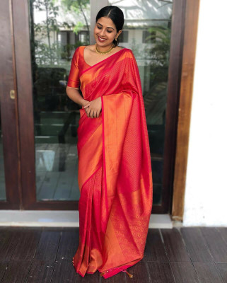 SHWENILA Solid/Plain Assam Silk Pure Silk Saree(Red)