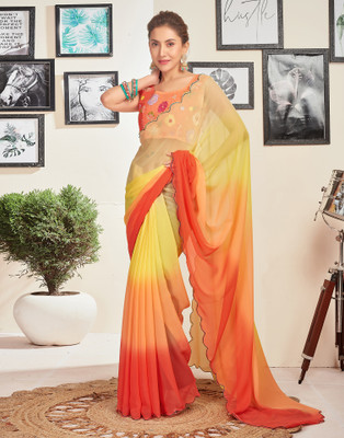 all about you Dyed, Embroidered Bollywood Georgette Saree(Yellow, Orange)