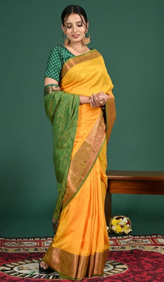sarees Woven Kanjivaram Raw Silk Saree(Yellow)
