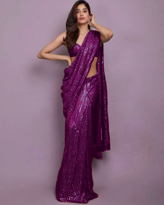 MADHUR HAND WORK ART Embroidered, Embellished Bollywood Georgette Saree(Purple)
