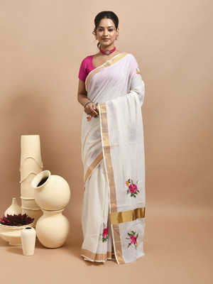 stotra Embroidered Kasavu Cotton Blend Saree(White)