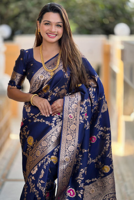 ROOP LAVANYA Woven Banarasi Art Silk, Jacquard Saree(Dark Blue, Gold)